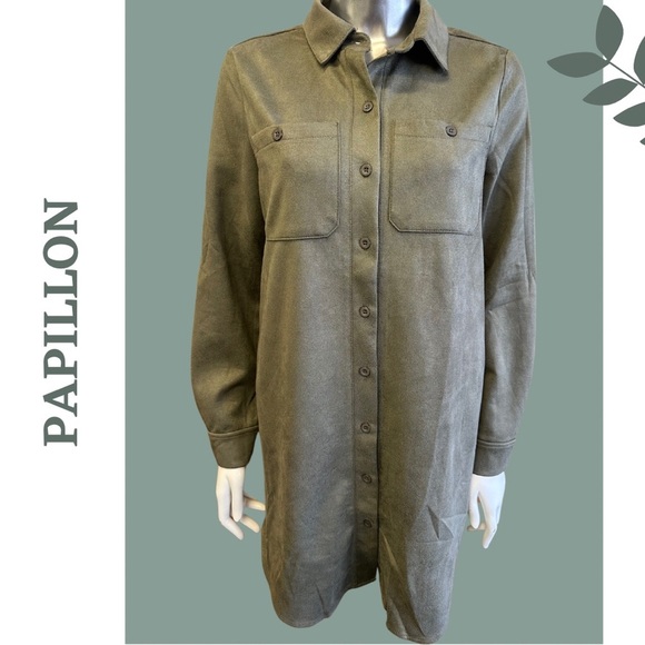 Papillon Shirt Dress Long Sleeve Button Front Faux Suede Microfiber Green Sz XS - Picture 1 of 8